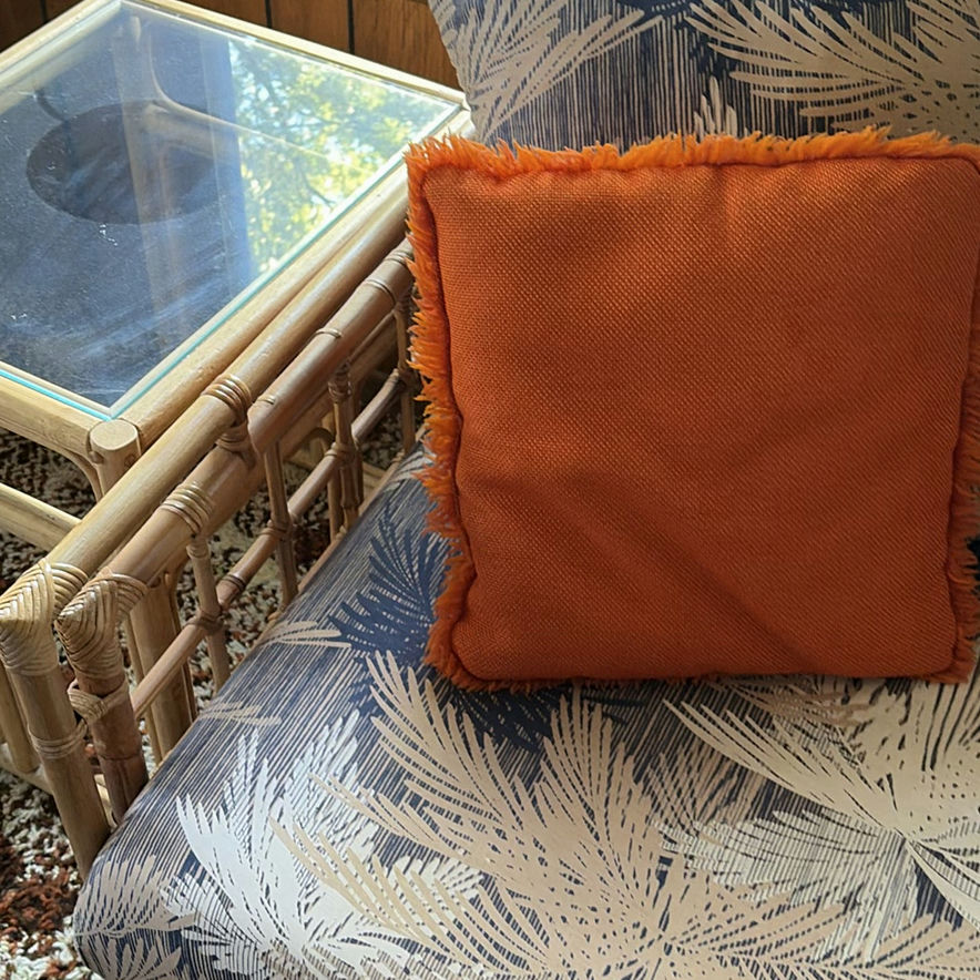 2 Bamboo Rattan Glass-Top Side Tables and Palm-Print Sofa with Orange Cushions - image 6 of 13