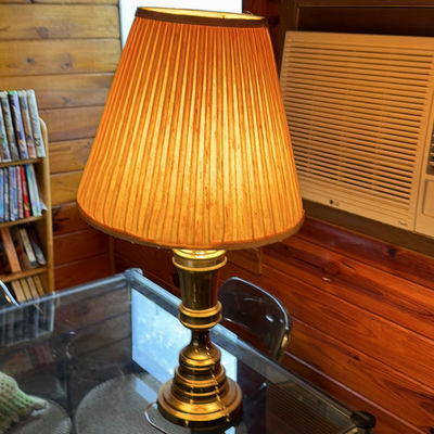 Brass table lamp with pleated shade and multi-head brass floor lamp - Image 1 of 6