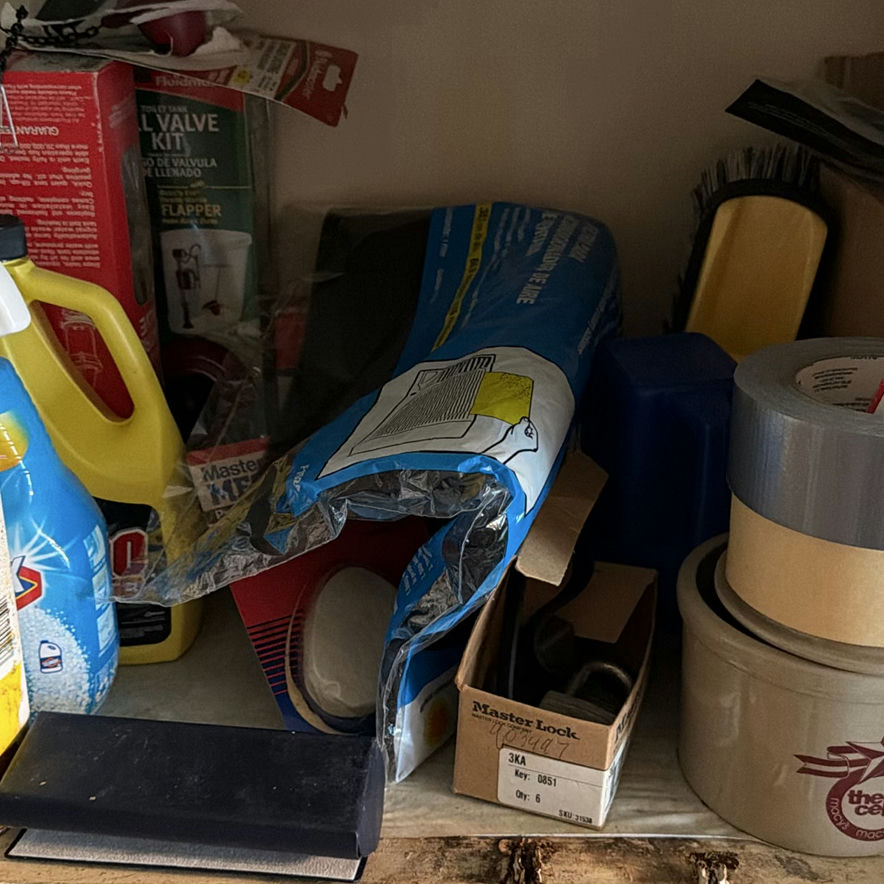 Garage shelf with cleaning products, oils, and hardware - image 3 of 8