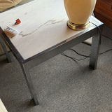Beige ceramic table lamp with pleated shade on marble-top end table - thumbnail 3 of 5
