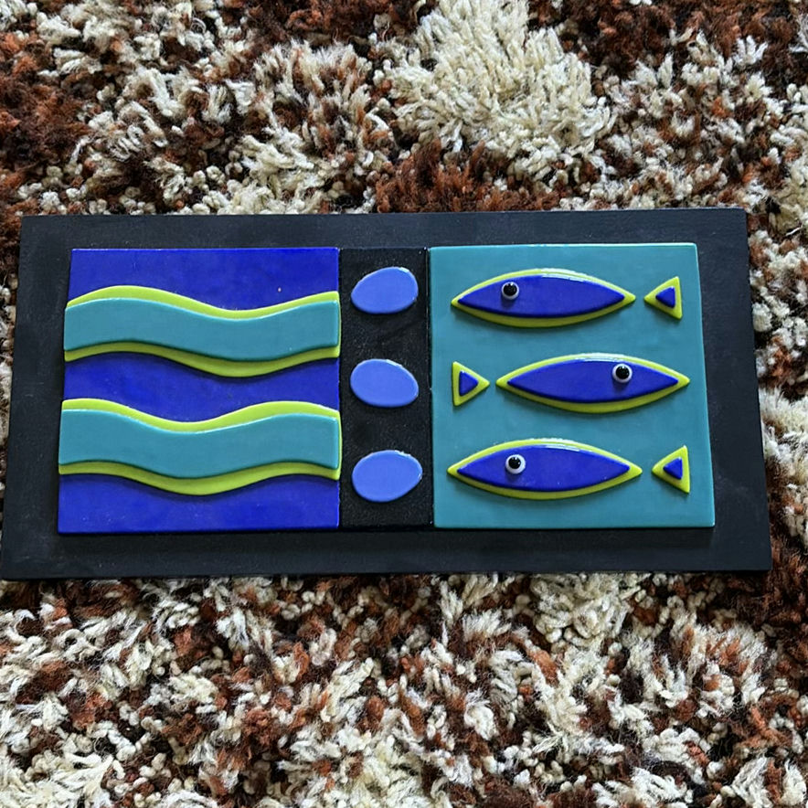 Abstract three-panel wall sculpture with wavy bands and fish motifs - image 1 of 4