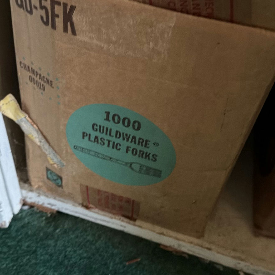 Box of plastic forks and cleaning supplies with miscellaneous household items - image 6 of 7
