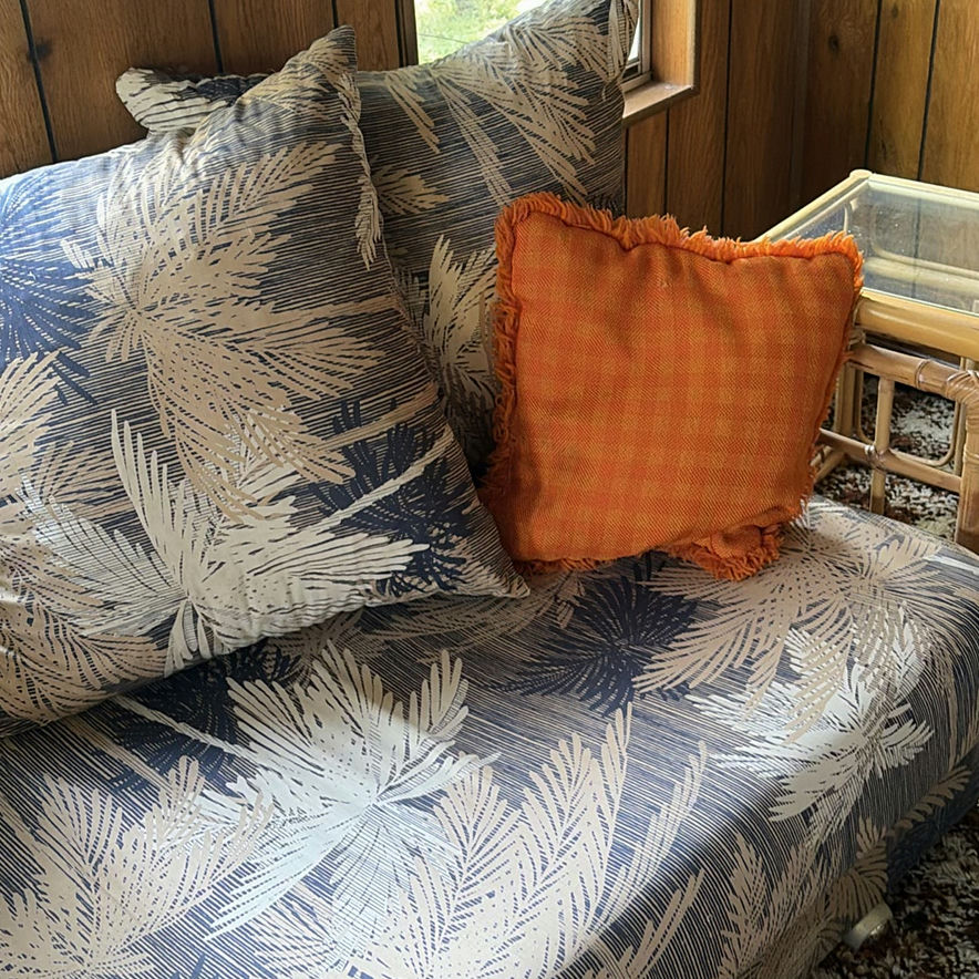 2 Bamboo Rattan Glass-Top Side Tables and Palm-Print Sofa with Orange Cushions - image 7 of 13