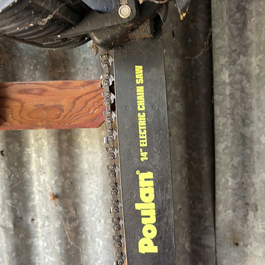Ladder, Poulan electric chainsaw, and assorted workshop tools - image 4 of 7