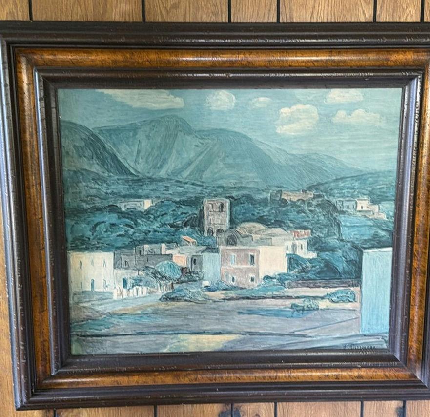 Landscape with village and mountains in ornate frame - image 1 of 8