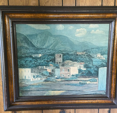 Landscape with village and mountains in ornate frame - Image 1 of 8