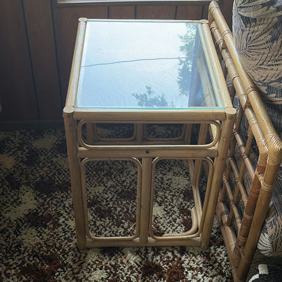 2 Bamboo Rattan Glass-Top Side Tables and Palm-Print Sofa with Orange Cushions - Image 1 of 13